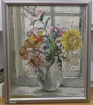 E Eardley - a still life study, mixed flowers in a vase by a window  oil on board  bears a signature