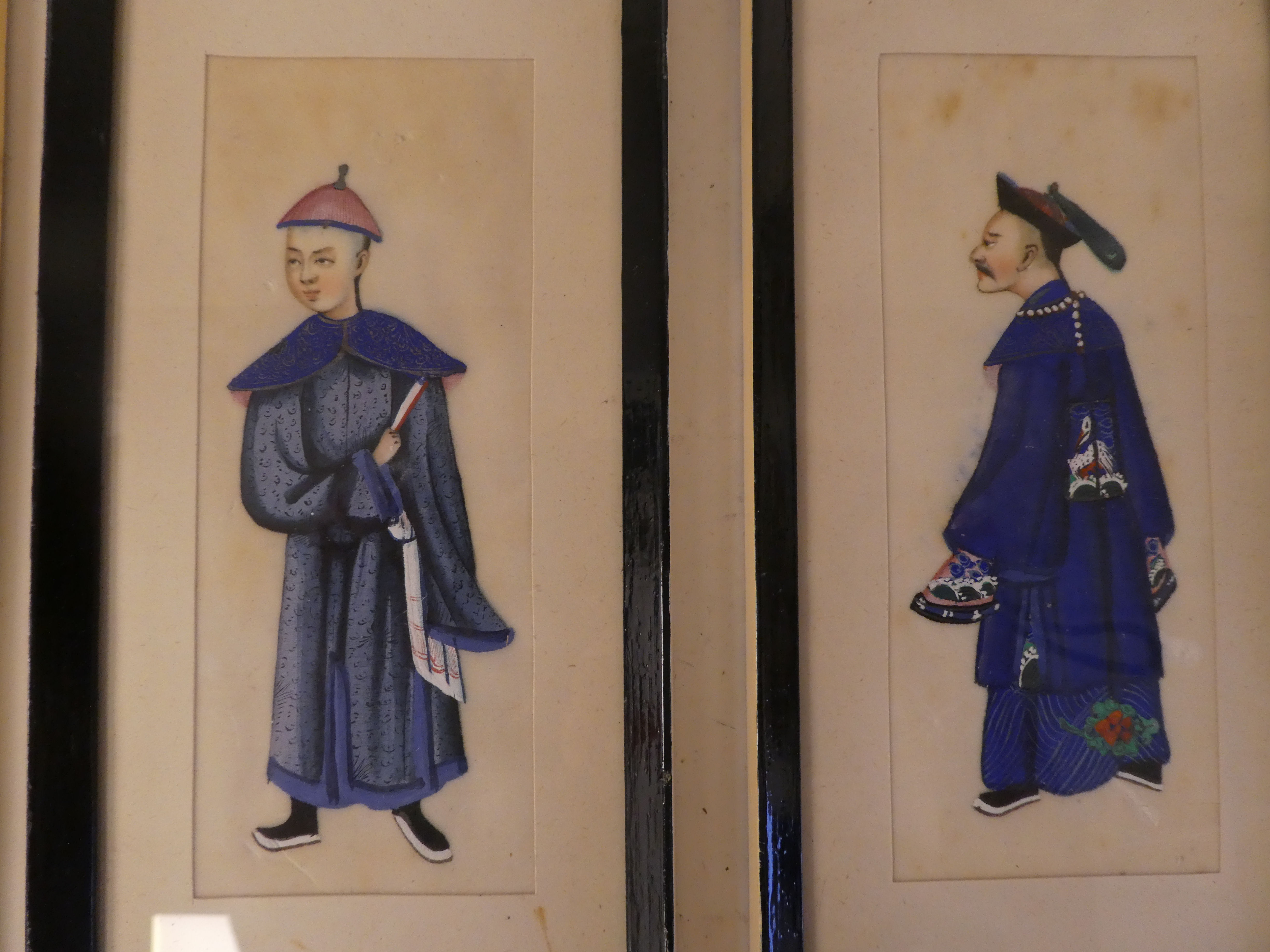 A set of six early 20thC Chinese figure studies  mixed media on ricepaper  2.5" x 6"  framed - Image 3 of 4