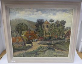 Stanley Grimm - a Sussex landscape  oil on board  bears a signature & text verso  19" x 22"  framed