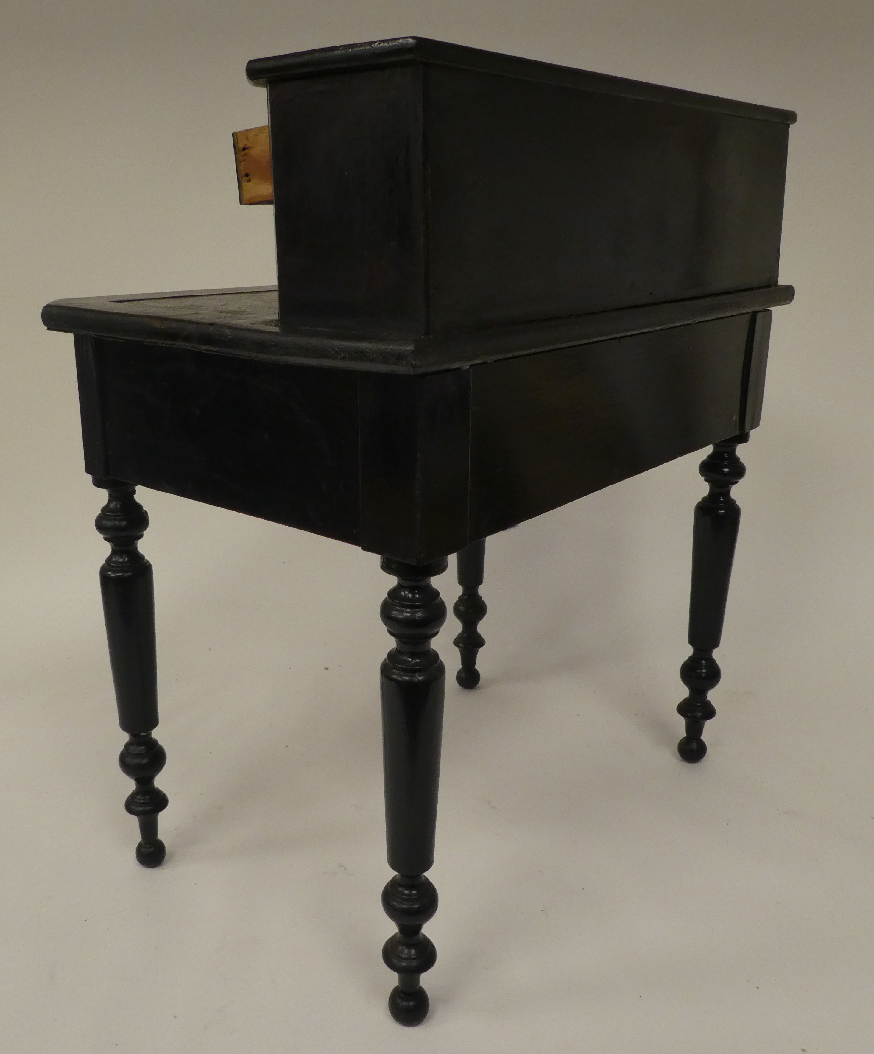 A late 19thC ebonised pine apprentice piece, bonheur du jour with a drawer fitted superstructure, - Image 6 of 7