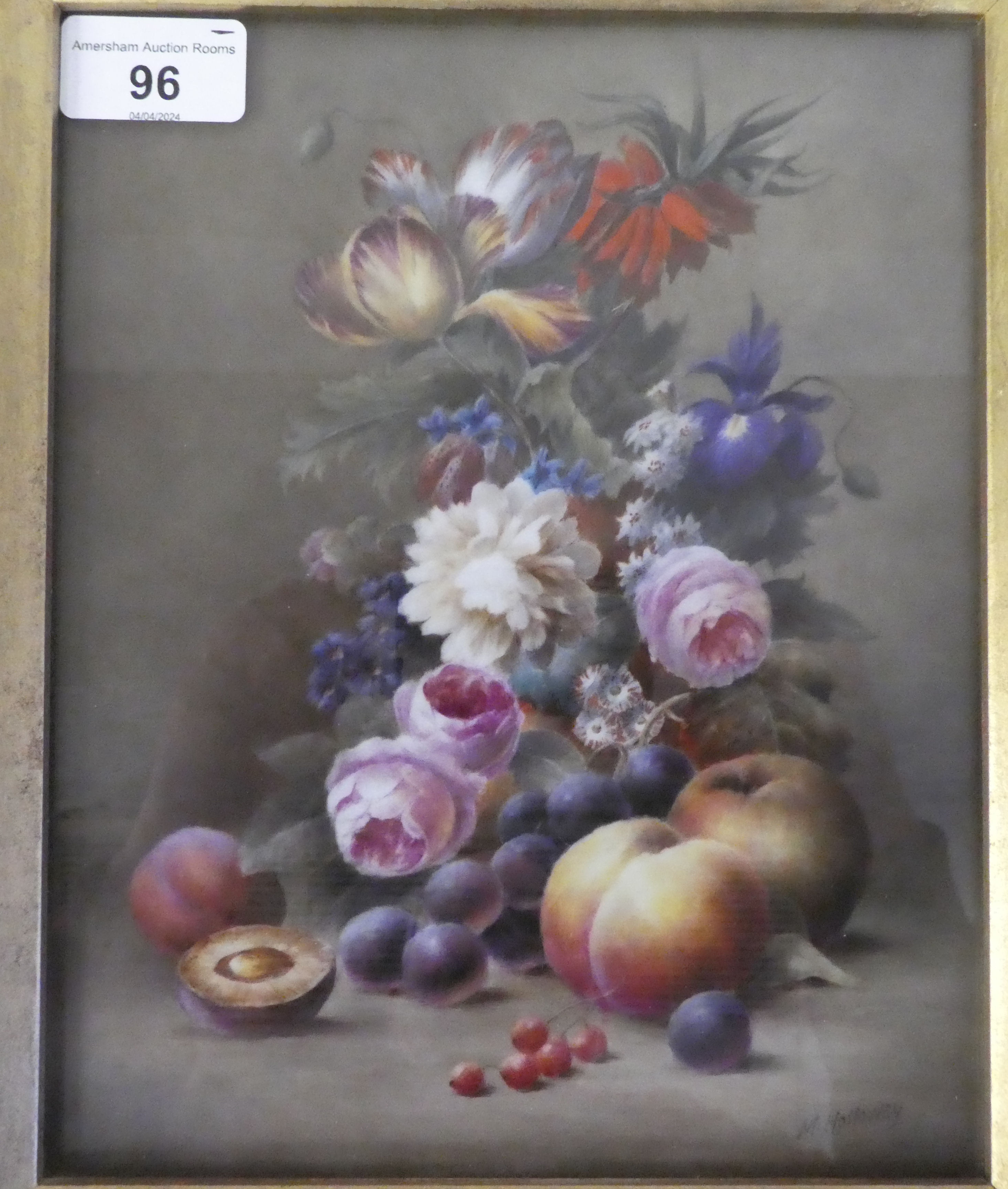 Milwyn Holloway - a still life study, soft fruit and mixed flora  oil on ceramic panel  bears a - Image 2 of 5