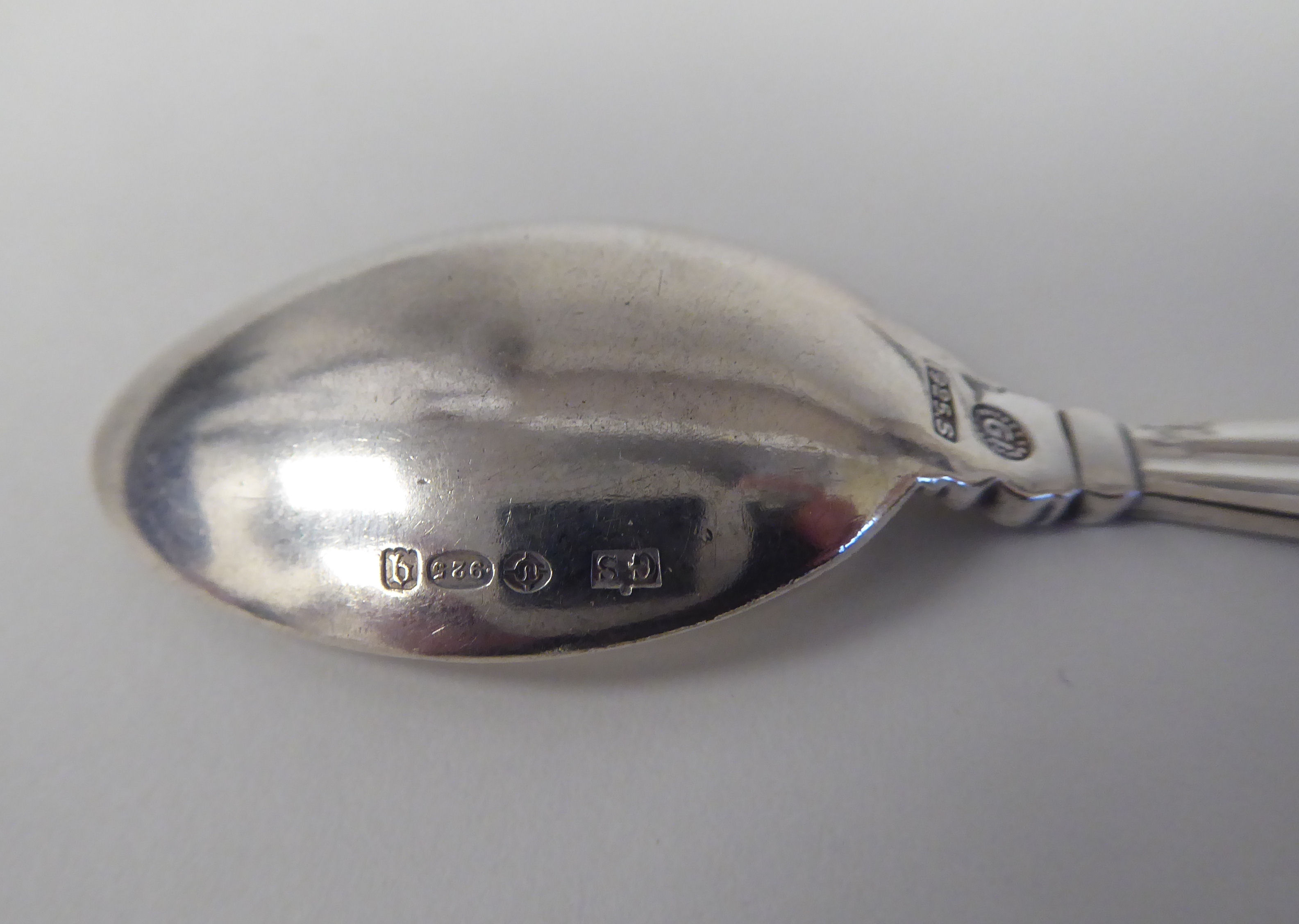 A set of six Georg Jensen silver teaspoons with scrolled terminals  stamped 925  cased - Image 4 of 4