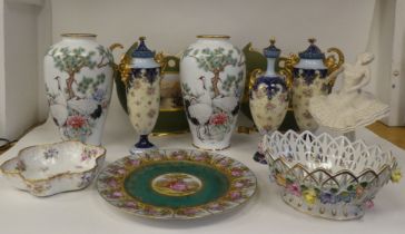 Decorative ceramics: to include a pair of Sheffield pottery twin handled china vases, decorated with