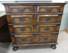 A mid 19thC oak four drawer dressing chest, on a plinth and bun feet  37"h  38"w