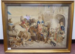 A 20thC tapestry picture, depicting a period courtyard scene  20" x 28"  framed