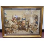 A 20thC tapestry picture, depicting a period courtyard scene  20" x 28"  framed