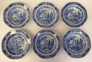 A set of six 18thC Chinese porcelain dishes of octagonal outline, decorated in blue and white with