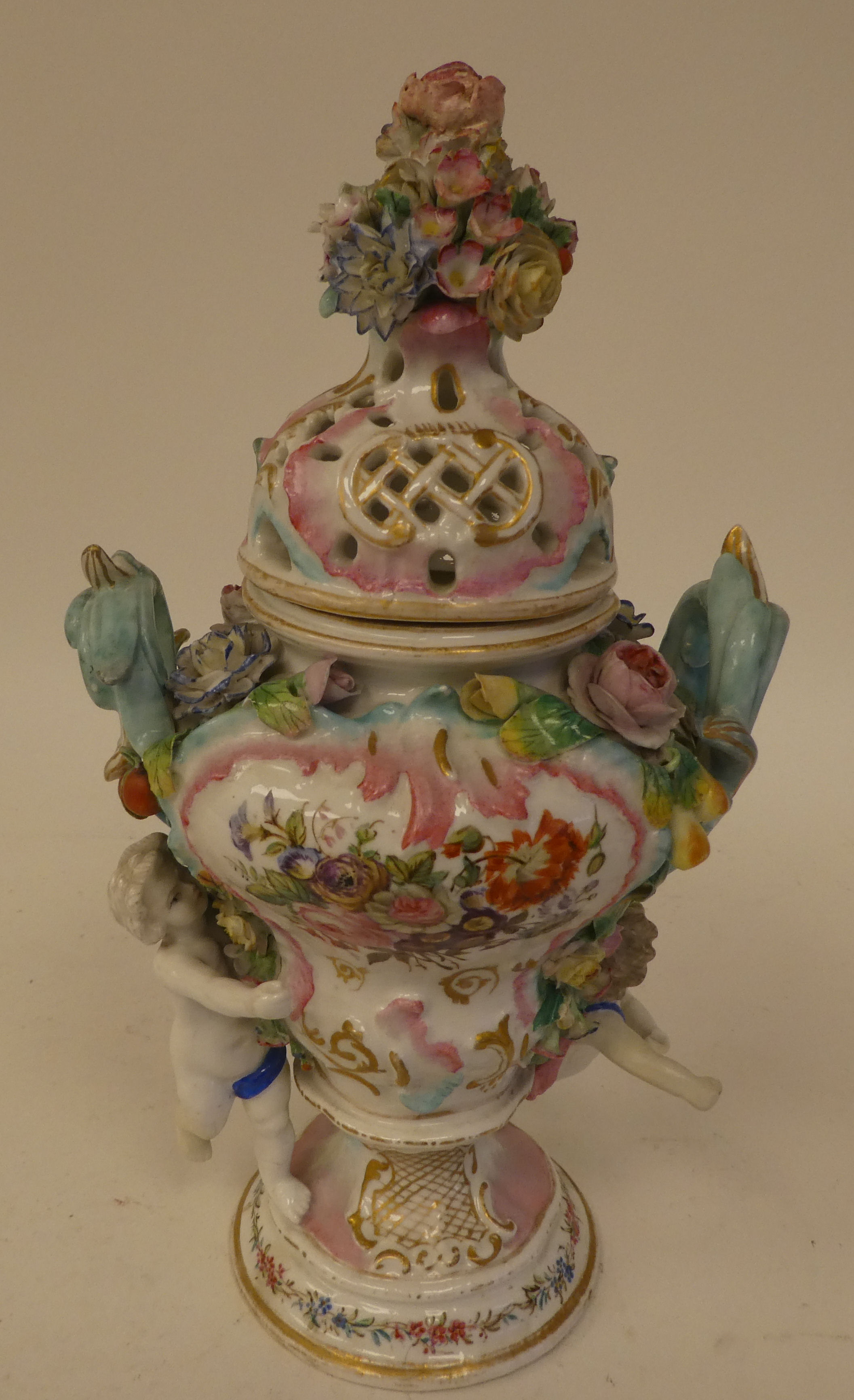 A pair of 20thC Continental porcelain figures, a boy and girl with a basket of flowers  5"h; and a - Image 4 of 4