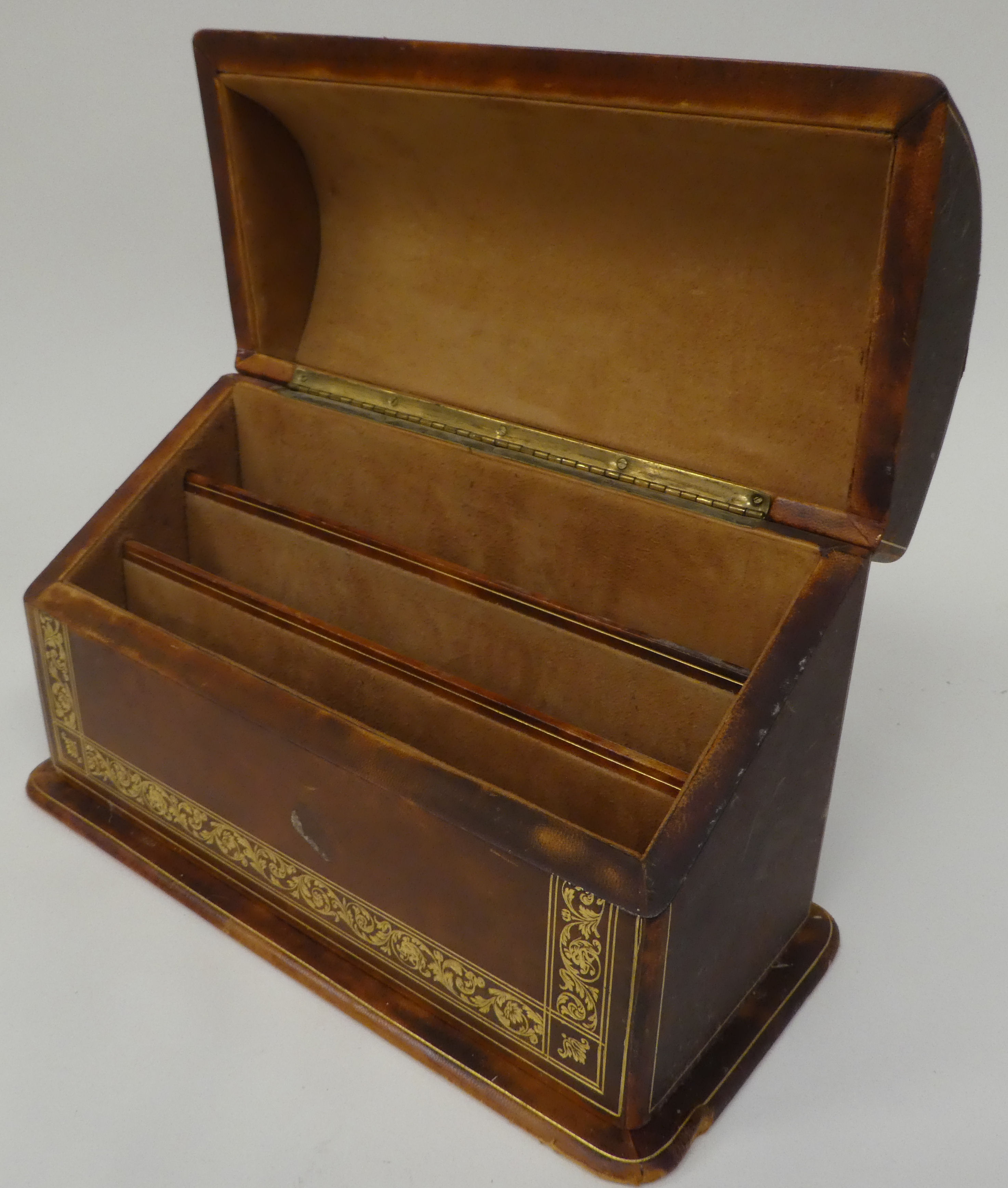 A Liberty gilded and burnished brown hide covered desk set, comprising a two-part blotter  19" x - Image 7 of 8