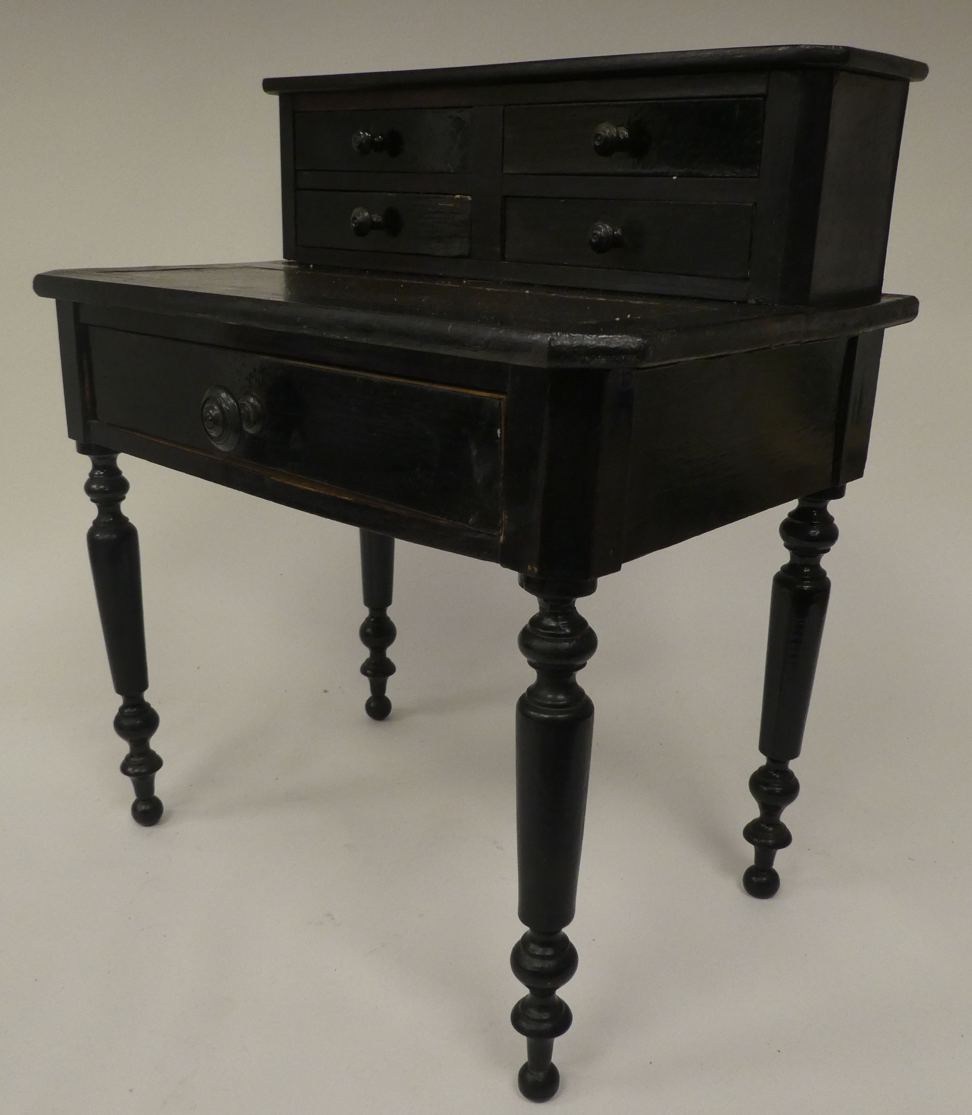 A late 19thC ebonised pine apprentice piece, bonheur du jour with a drawer fitted superstructure, - Image 4 of 7