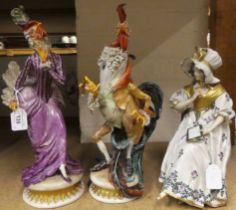 Three 20thC Naples porcelain cartoon figures, viz. two cockerels dressed as a fashionable man and