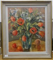 E Eardley - a still life study, mixed flowers in a vase  oil on canvas  bears a signature  20" x 23"