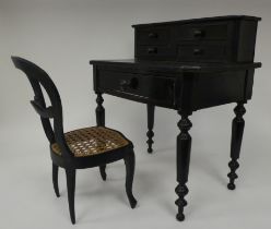 A late 19thC ebonised pine apprentice piece, bonheur du jour with a drawer fitted superstructure,