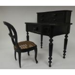 A late 19thC ebonised pine apprentice piece, bonheur du jour with a drawer fitted superstructure,