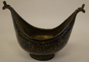 An early 20th Kashmiri gilded and lacquered, navette shape kashkul bowl (beggars bowl) 6"w