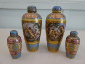 Two pairs of Vienna porcelain vases, decorated with period nude, European veranda scenes  7" & 4"h