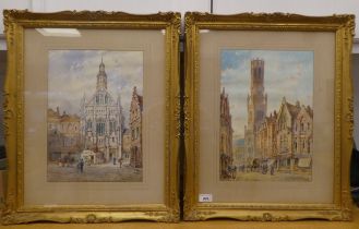 Pierre le Boeuff - two European street scenes  watercolours  bears signatures  10" x 14"  both