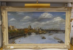 James Dring - a river/city scape  oil on canvas  bears a signature  18" x 31"  framed