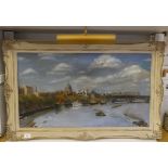 James Dring - a river/city scape  oil on canvas  bears a signature  18" x 31"  framed