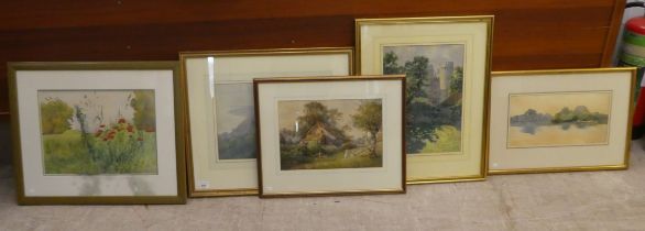 Five signed/unsigned watercolours  mainly landscapes  largest 10" x 14"  framed