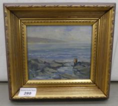 Pauline Brown - a shoreline scene  oil on board  bears a signature  6" x 5"  framed