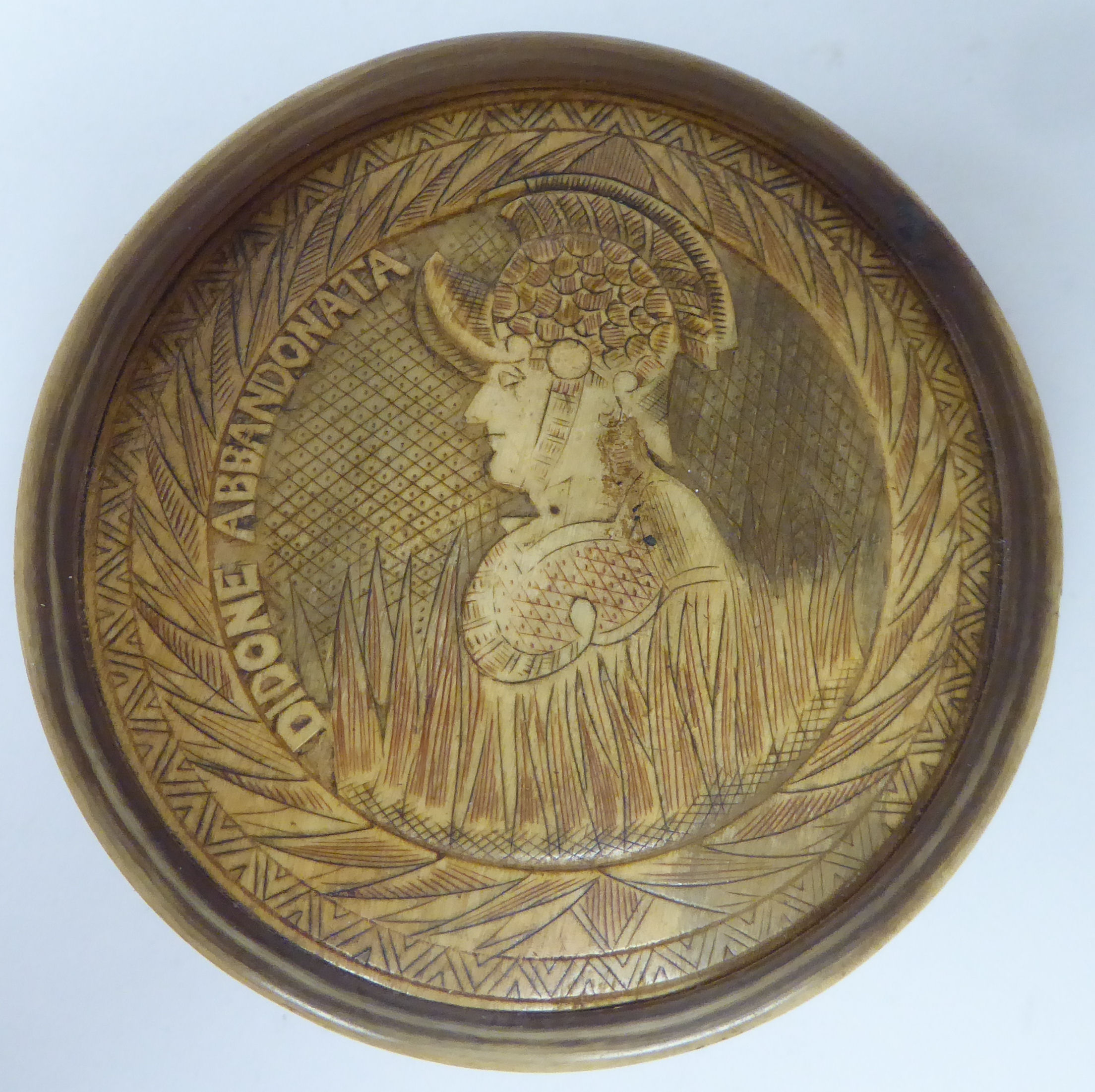 An 18th/19thC Italian bone disc shaped snuff box and cover, decorated in relief with carved - Image 2 of 5