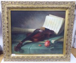 20thC European School - a still life study, a violin and sheet music  oil on canvas  bears an