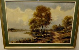 V Reed - sheep at the waters edge  oil on canvas  bears a signature  23" x 35"  framed