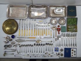 Miscellaneous metalware: to include a silver plated, three part entrée dish and assorted flatware