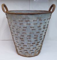 A vintage galvanised iron, twin handled grape bucket  15"h  15"dia