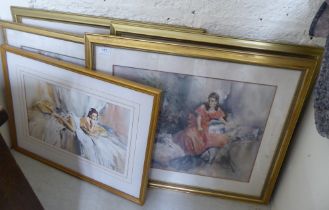 After Gordon King - six framed similar coloured prints, featuring women  largest 15" x 21"