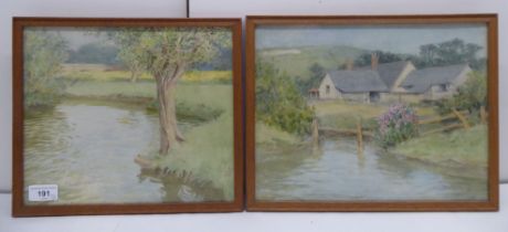 Two framed watercolours Janet Robinson - a river scene  bears a signature & inscription verso  9.