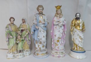 Four various painted and gilded china religious figures  largest 14"h