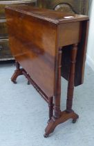 A late Victorian walnut Sutherland table, raised on splayed legs and casters  27"h  29"w
