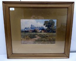 S Warburton - 'Windsor Castle' viewed from farmland with sheep in the foreground  watercolour  bears