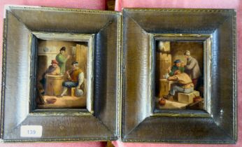 Two 19thC style interior tavern scenes  oil on panel  bears a label verso  4" x 5"  framed