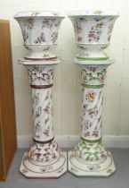 Two similar Capo-di-Monte china jardinières on stands, decorated with flora  37"h