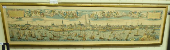 A copy of a 17thC prospect of Antverpia  coloured print  14" x 72"  framed