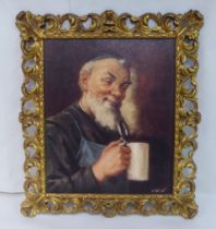 H Faust - a study of a man holding a beer stein  oil on board  bears a signature  11.5" x 9.5"