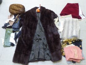 Various ladies accessories: to include a mid-length, brown fur coat; spectacles; leather gloves; and