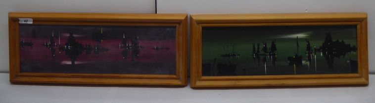 David D - a pair of studies, small vessels on calm water at dawn and dusk  oil on board  bearing