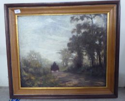 20thC British School - a horse and cart on a woodland path  oil on canvas  19" x 23"  framed