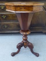 A late Victorian walnut and marquetry sewing table, the octagonal box with a hinged lid, over a