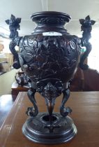 A modern Japanese bronze censer, decorated with birds and flora  11"h