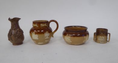 Four items of Doulton Lambeth miniature two tone brown glazed stoneware: to include a tyg and a