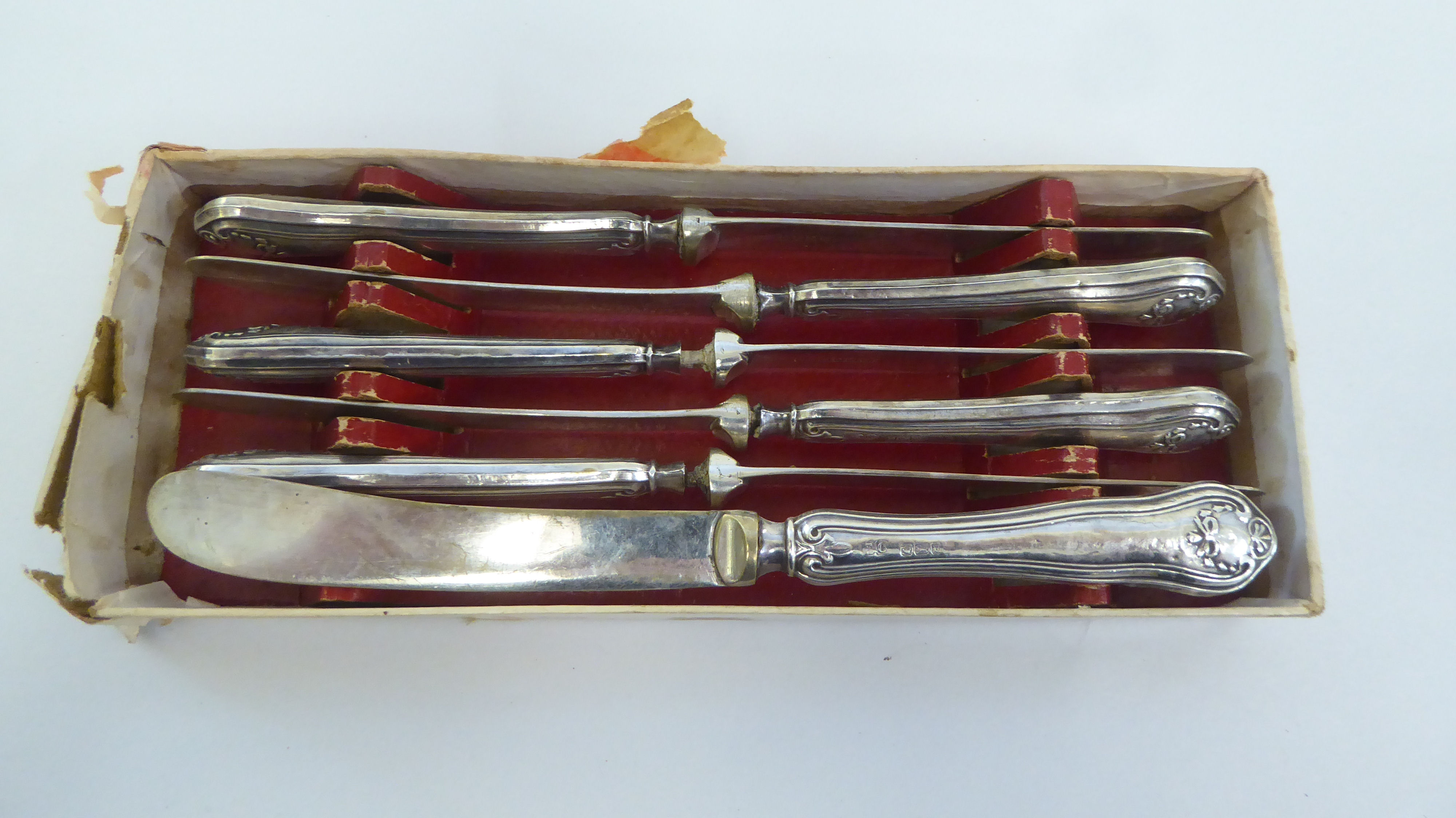 Two sets of six silver handled tea knives  cased; and other silver items  mixed marks - Image 5 of 11