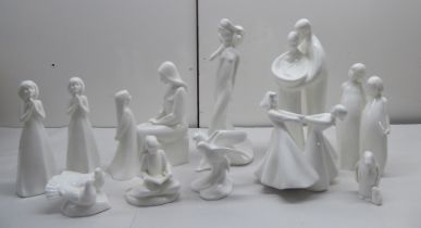 Royal Doulton white glazed porcelain figures: to include 'Mother & Daughter'  9.5"h and '