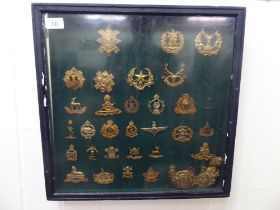 Military cap badges, various regiments, some copies, in a glazed case  16"sq (Please Note: this