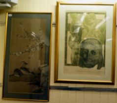 An Oriental ornithological study, ducks and blossom  33" x 15"  framed; and after Hilary Adam - 'The