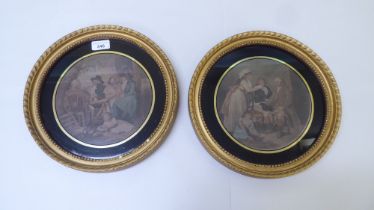 A pair of 19thC domestic scenes  coloured prints  12"dia  framed